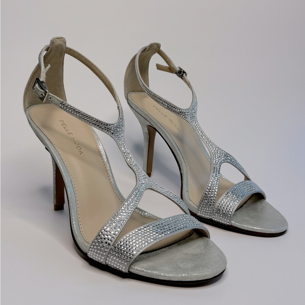 Sliver Rhinestone T-Strap Style Heels - Picture 1 of 8